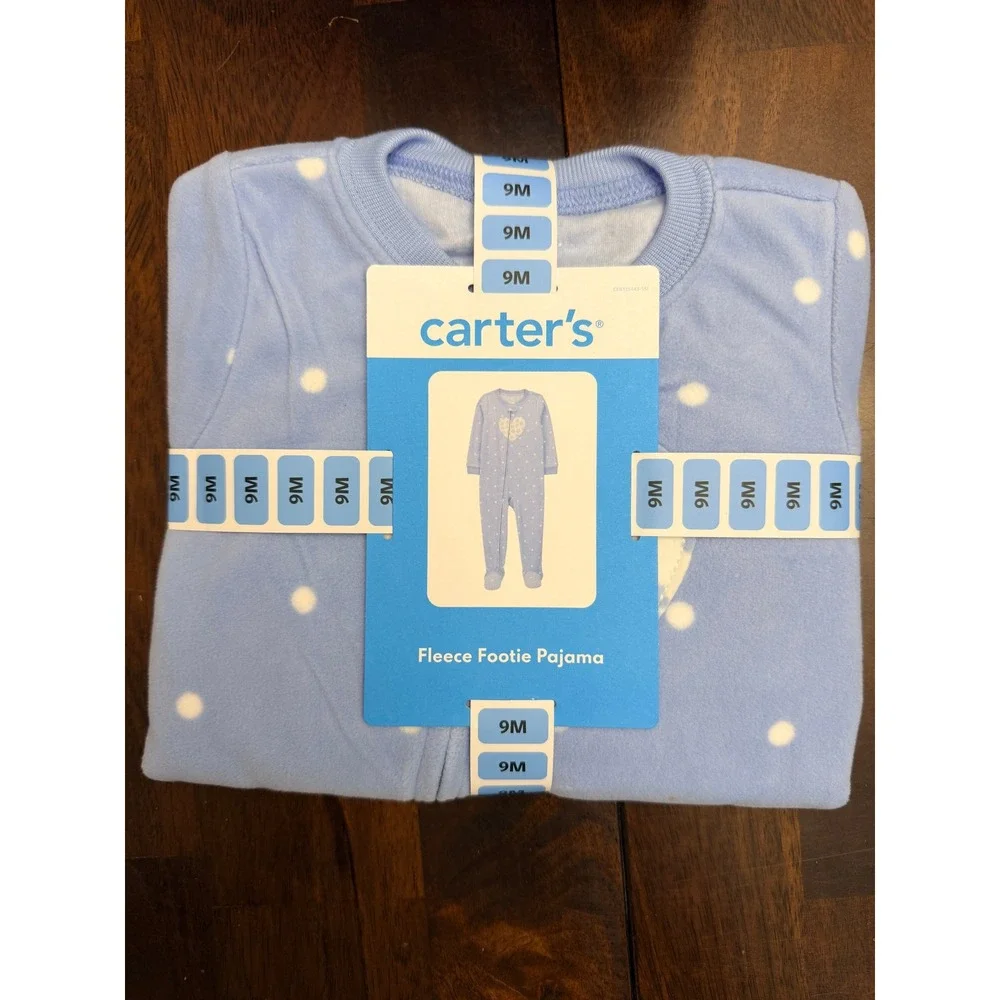 Carter's Fleece Footie Pajama Baby 9M Blue Polka Dot Heart NWT